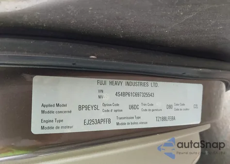 2009 Subaru Outback 2.5I from USA, damaged, VIN 4S4BP61C697325543